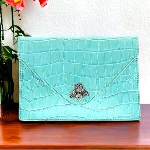Vintage Teal Croc Embossed Leather Envelope Clutch w/ Silver Bumble Bee